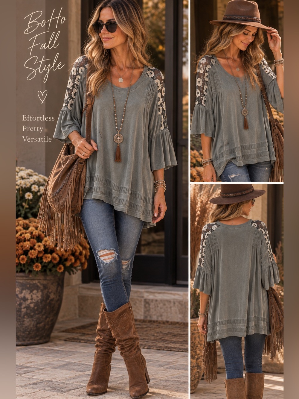 POL Gray Blouse with Lace Accents